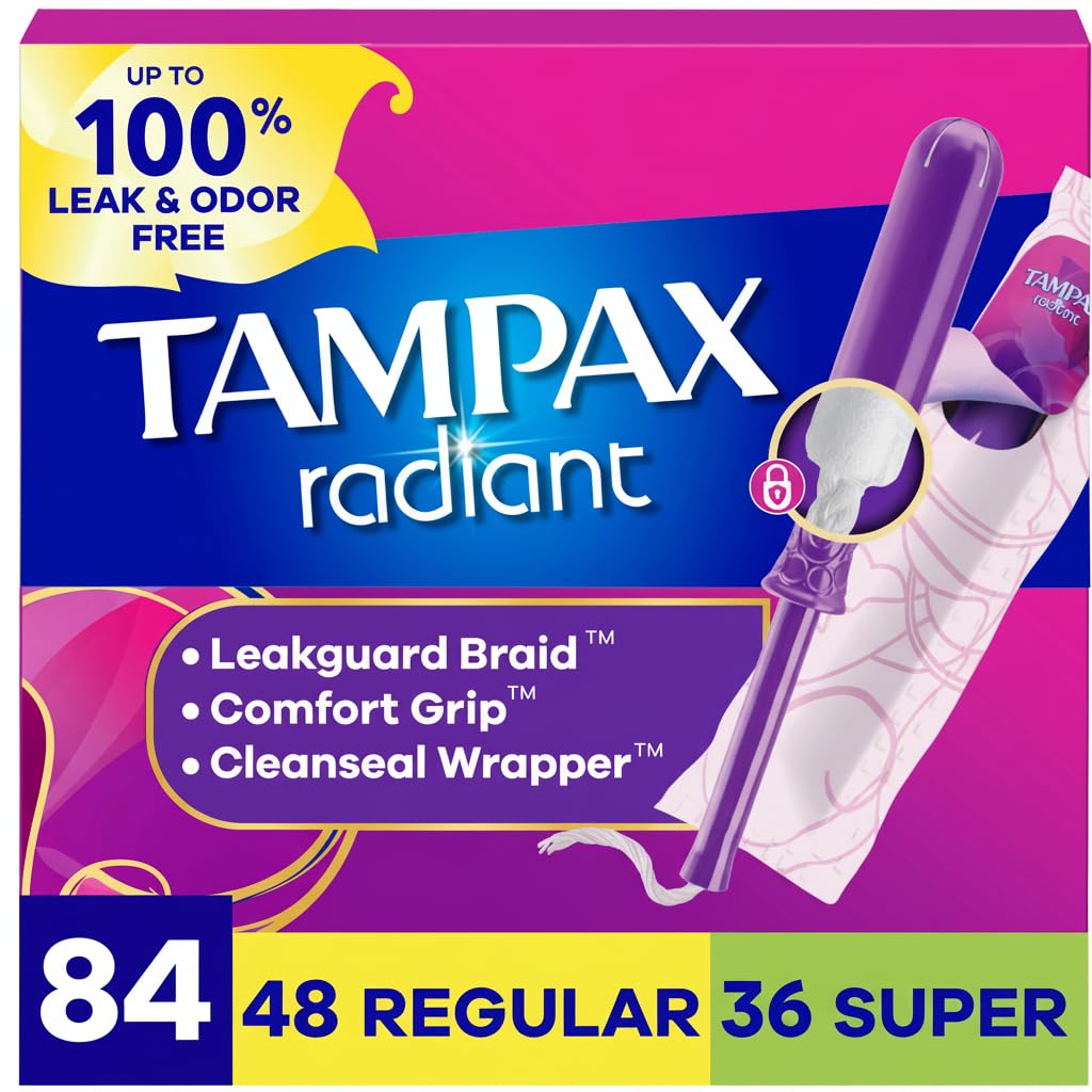 Tampax Radiant frente del empaque mostrando el multipack y beneficio de protección