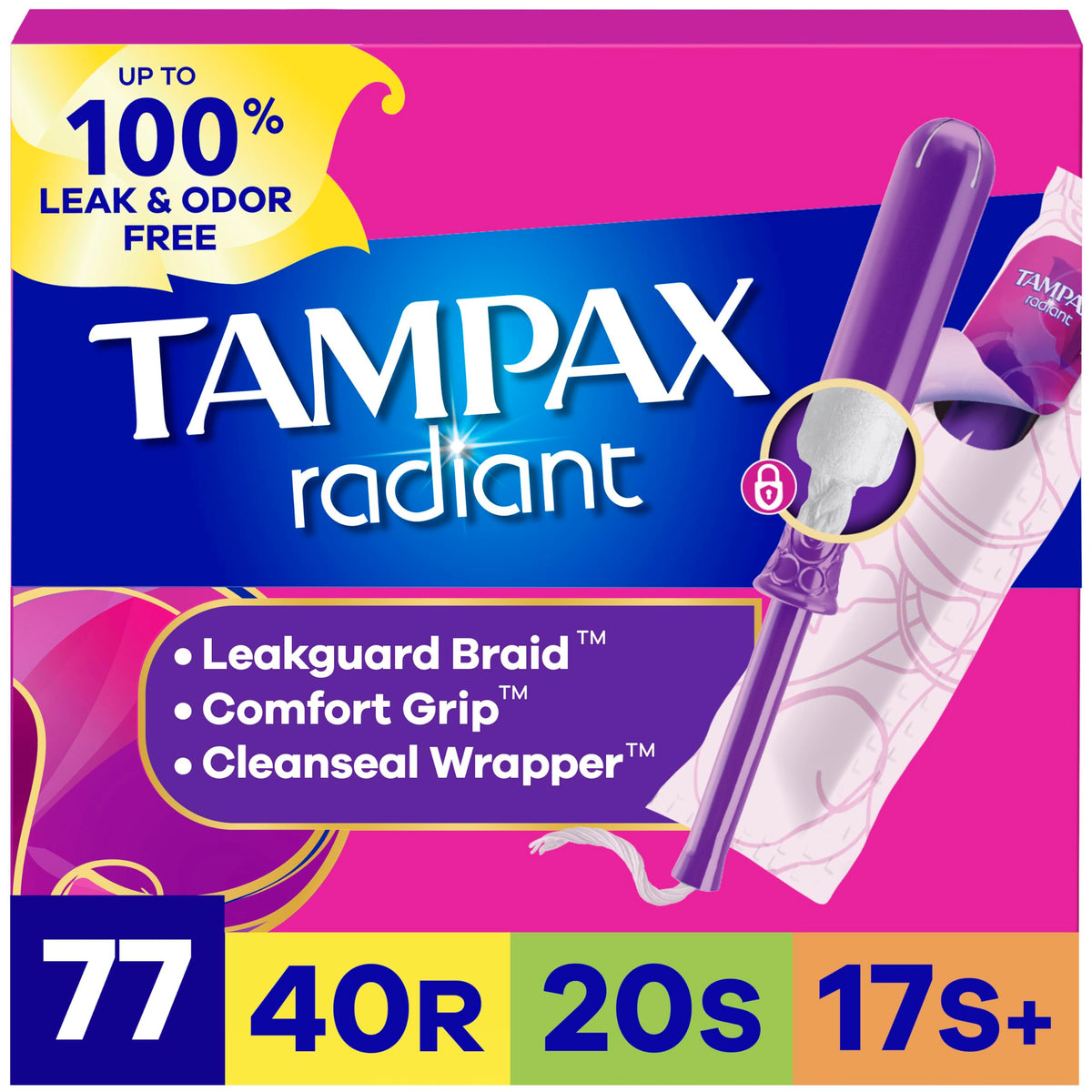 Tampax Radiant frente del empaque mostrando cantidad y beneficios