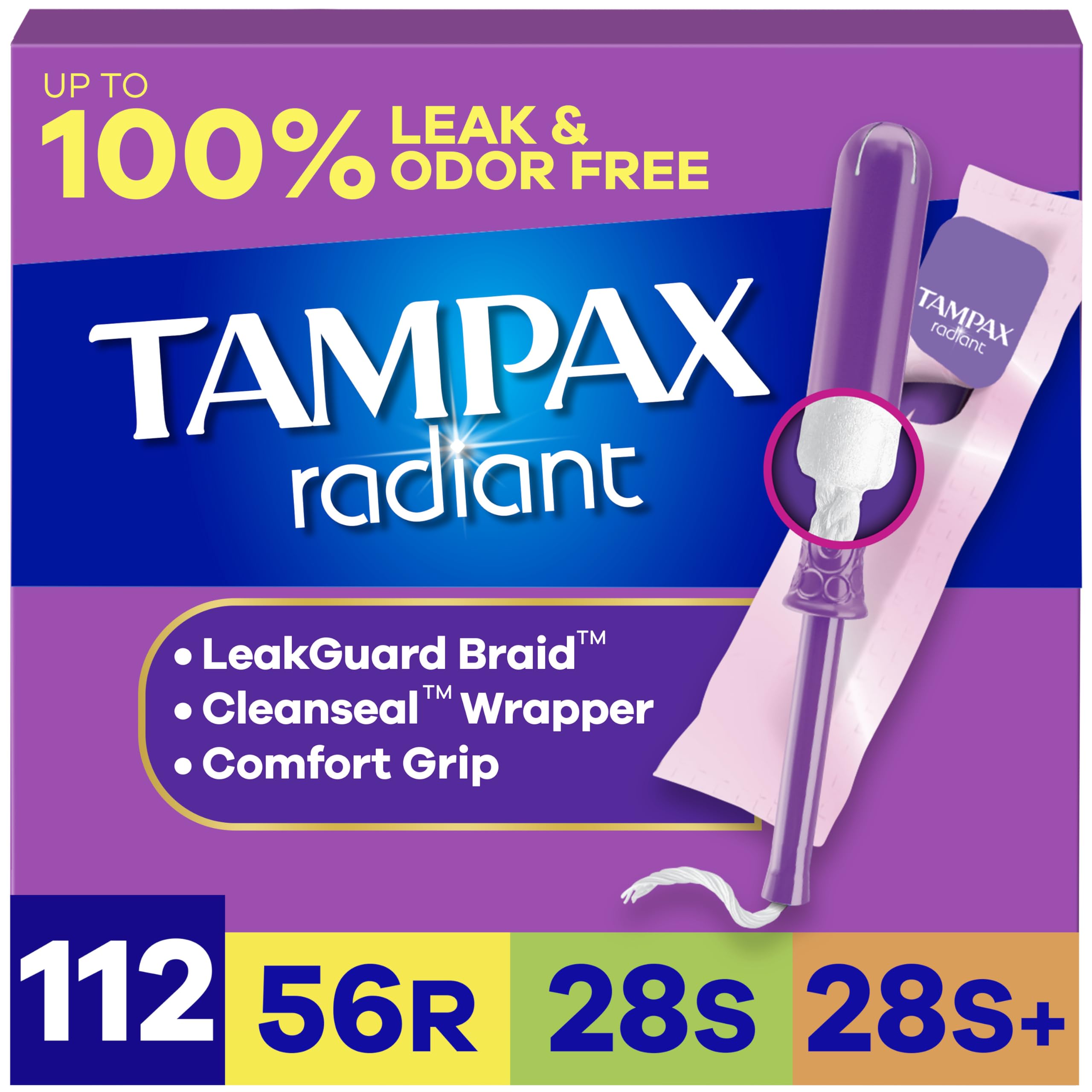 Tampax frontal del empaque mostrando cantidad y absorbencias, confianza rápida