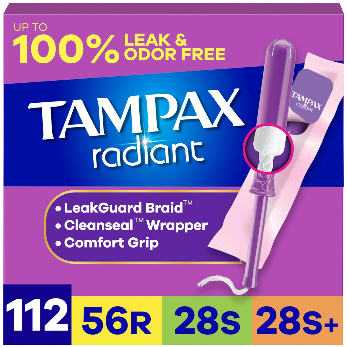 Tampax frontal del empaque mostrando cantidad y absorbencias, confianza rápida