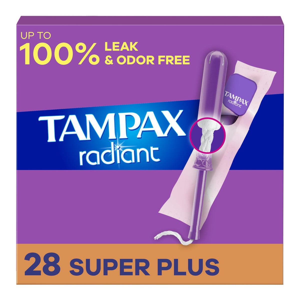 Tampax Radiant paquete frontal mostrando cantidad y absorbencia