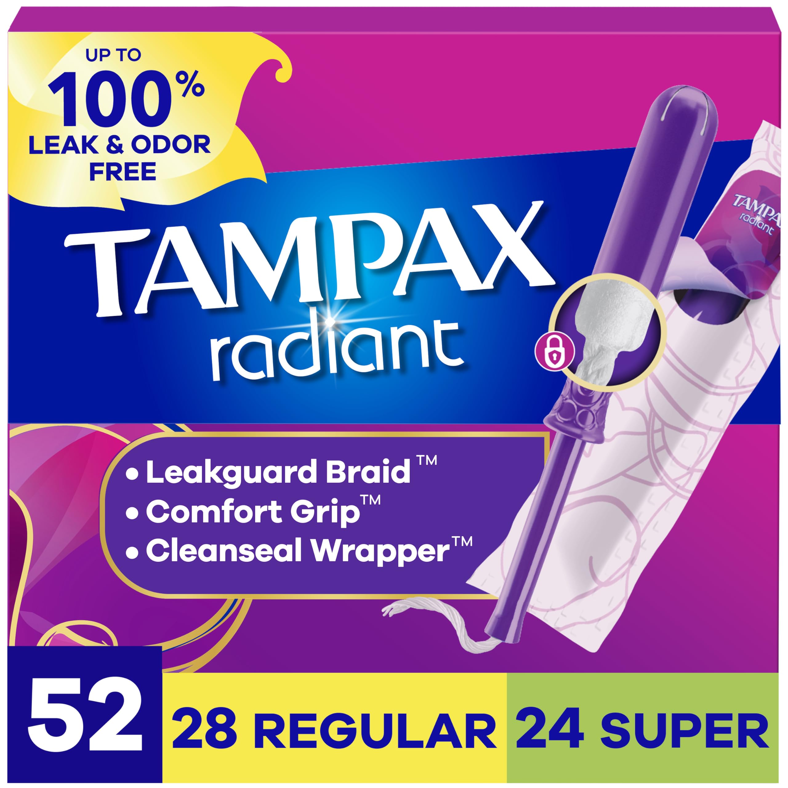 Tampax Radiant paquete frontal mostrando cantidad y diseño