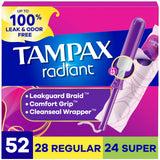 Tampax Radiant paquete frontal mostrando cantidad y diseño