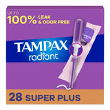 Tampax Radiant paquete frontal mostrando cantidad y absorbencia