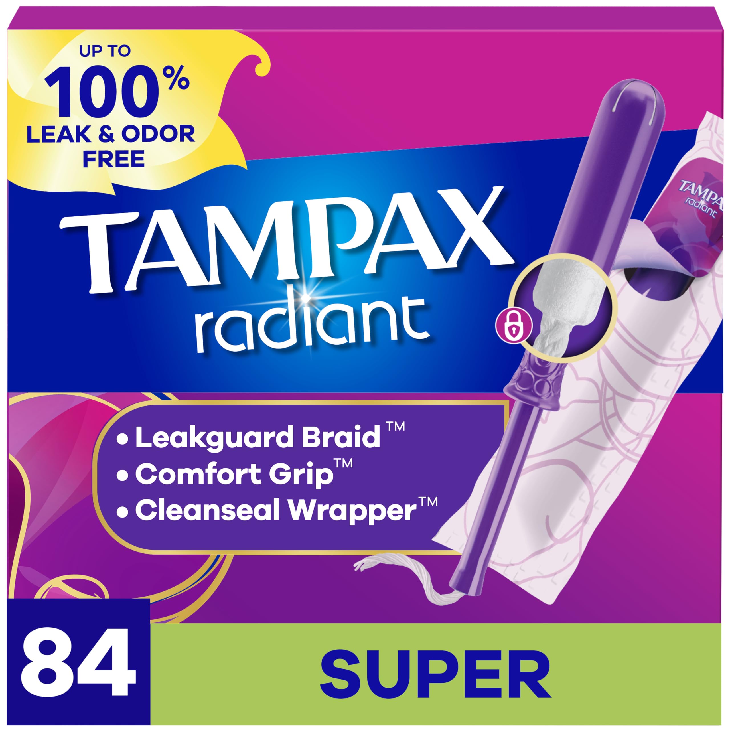 Tampax Radiant frontal mostrando paquete triple y beneficio protección