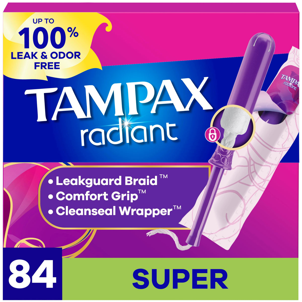 Tampax Radiant frontal mostrando paquete triple y beneficio protección