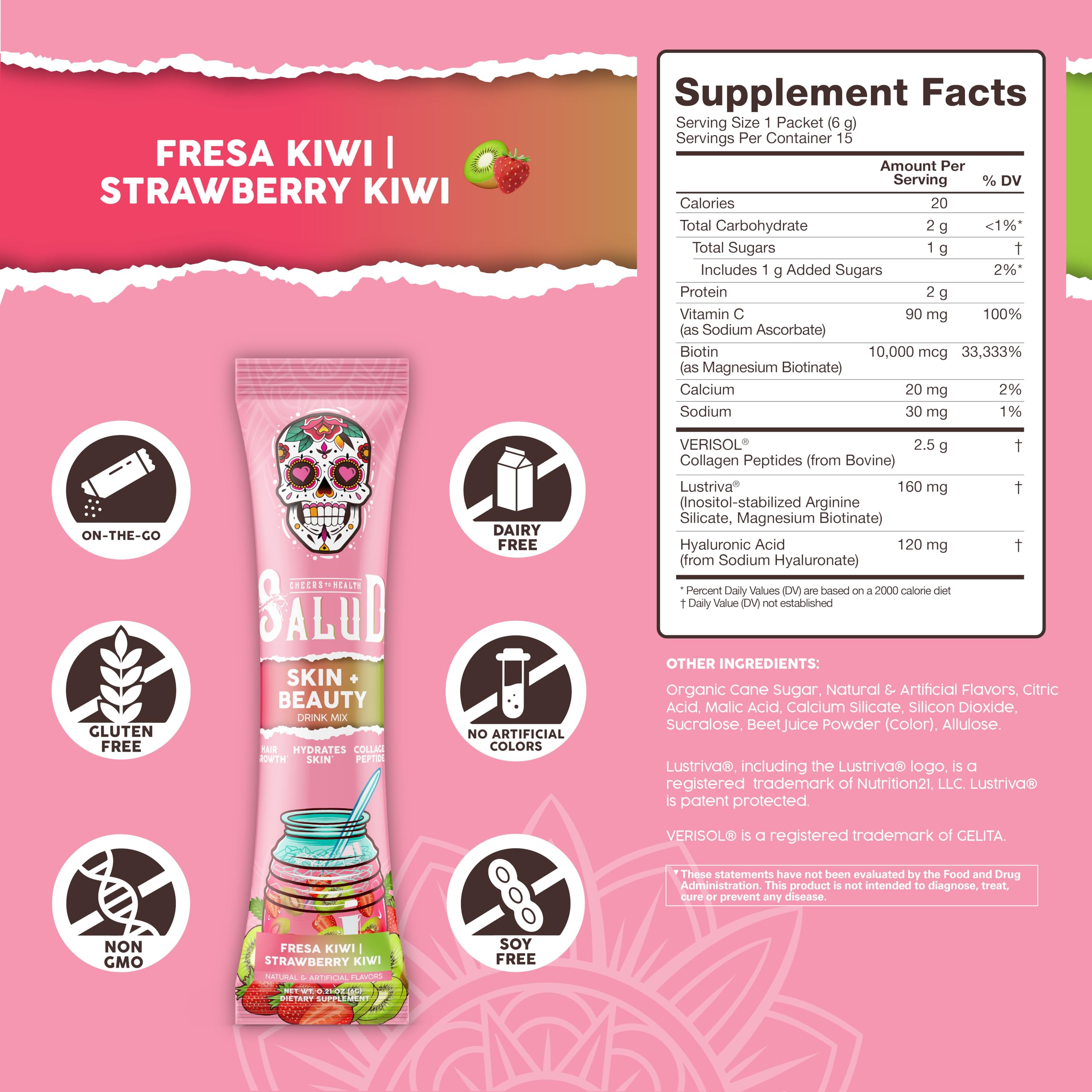 Taste Salud bebida servida en vaso con color fresa-kiwi, hidratación rápida