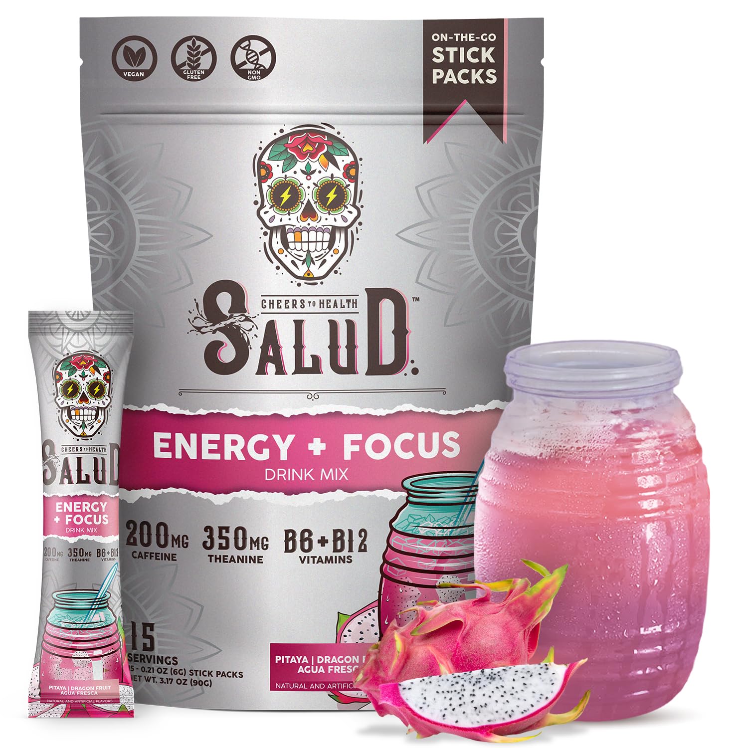 Taste Salud frente del empaque Dragon Fruit mostrando 15 sobres y beneficio práctico