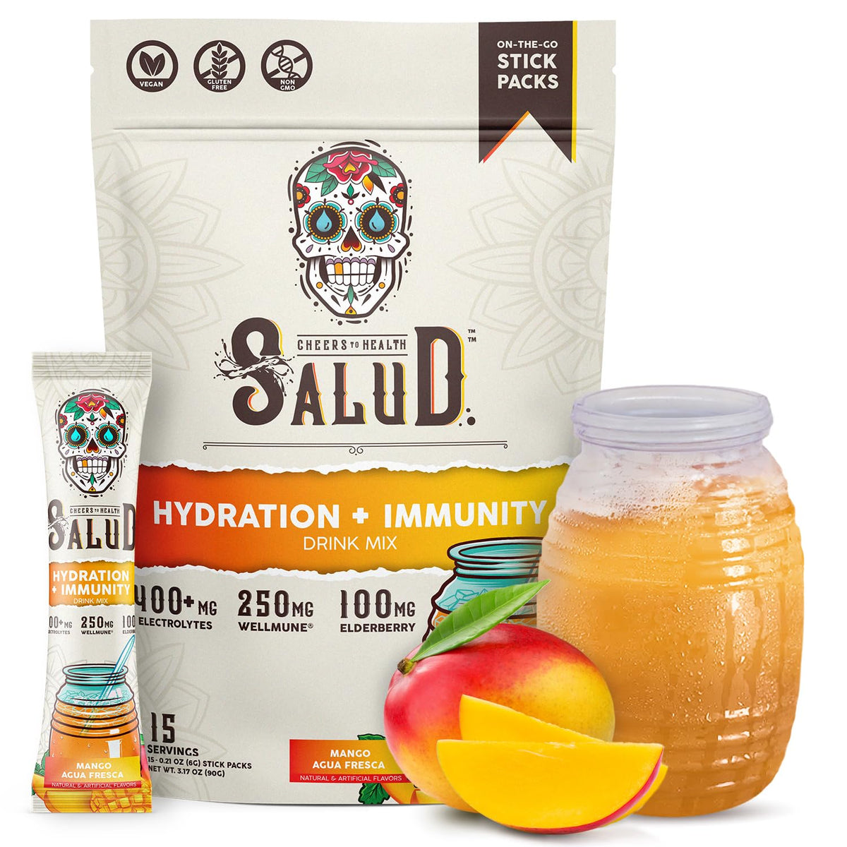 Taste Salud frente del empaque mostrando 15 sobres y beneficio portable