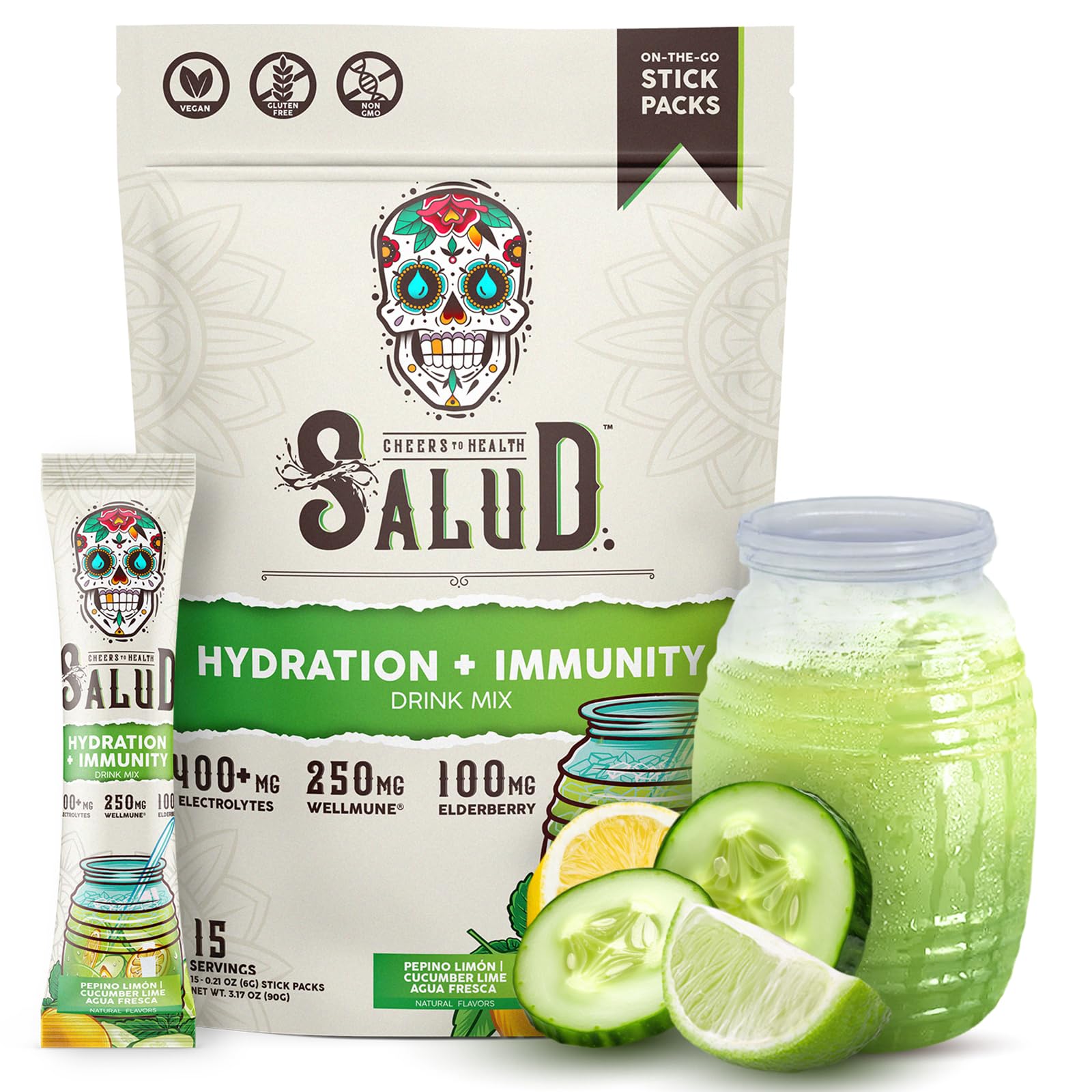Taste Salud frente del empaque mostrando sobres y beneficios rápidos