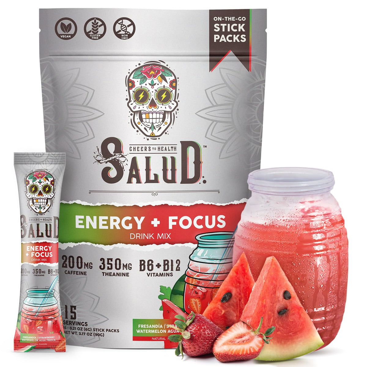 Taste Salud frente del paquete mostrando sticks y sabor fresa sandía, beneficio portable