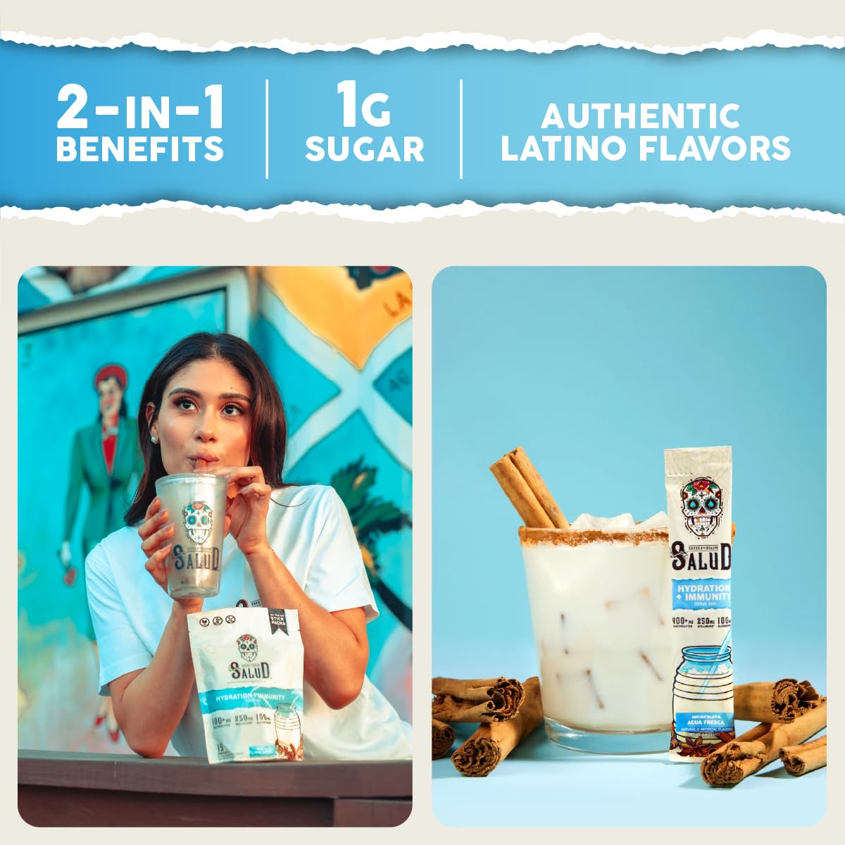 Taste Salud sobre abierto con polvo listo para mezclar, práctico