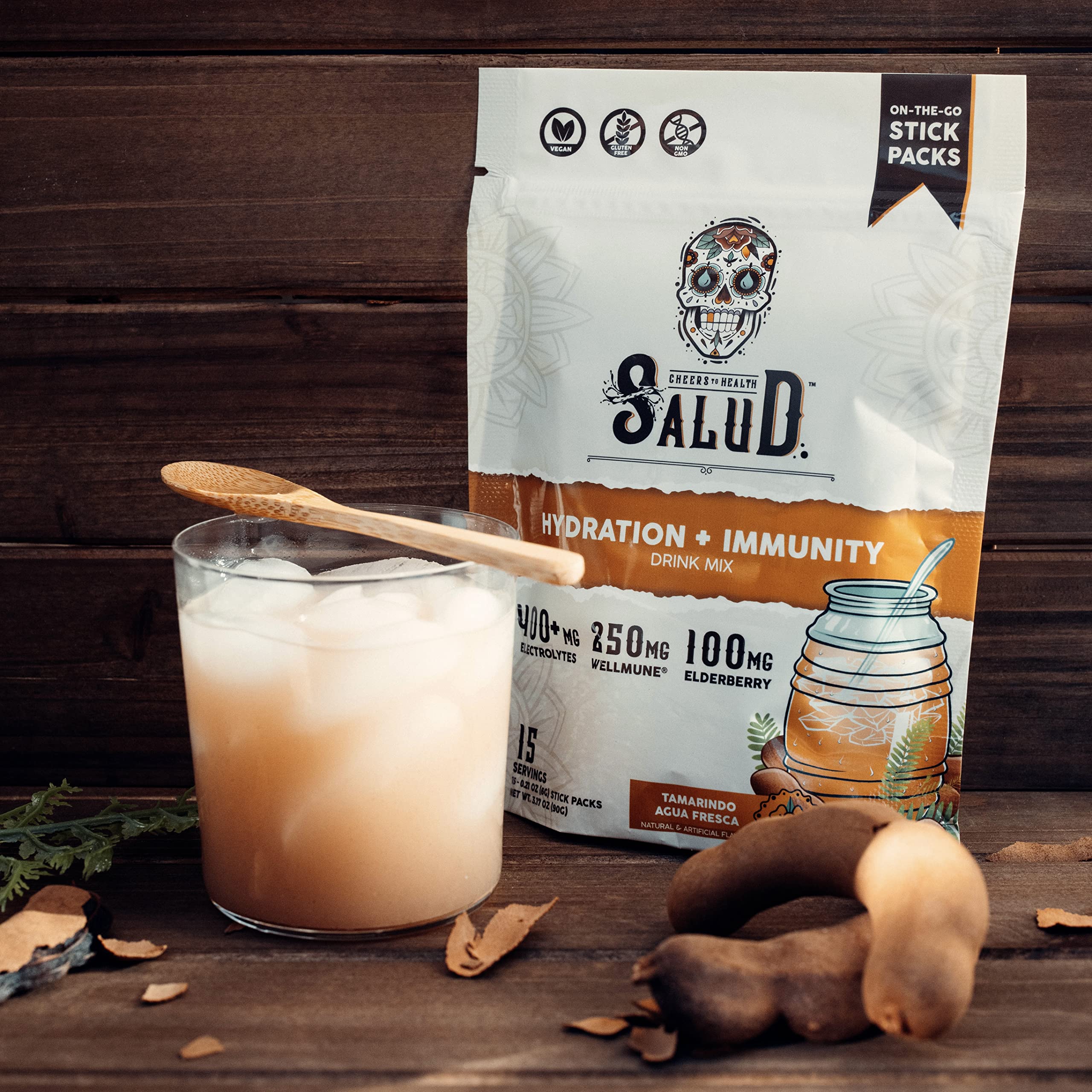 Taste Salud caja abierta mostrando 15 porciones, control de dosis