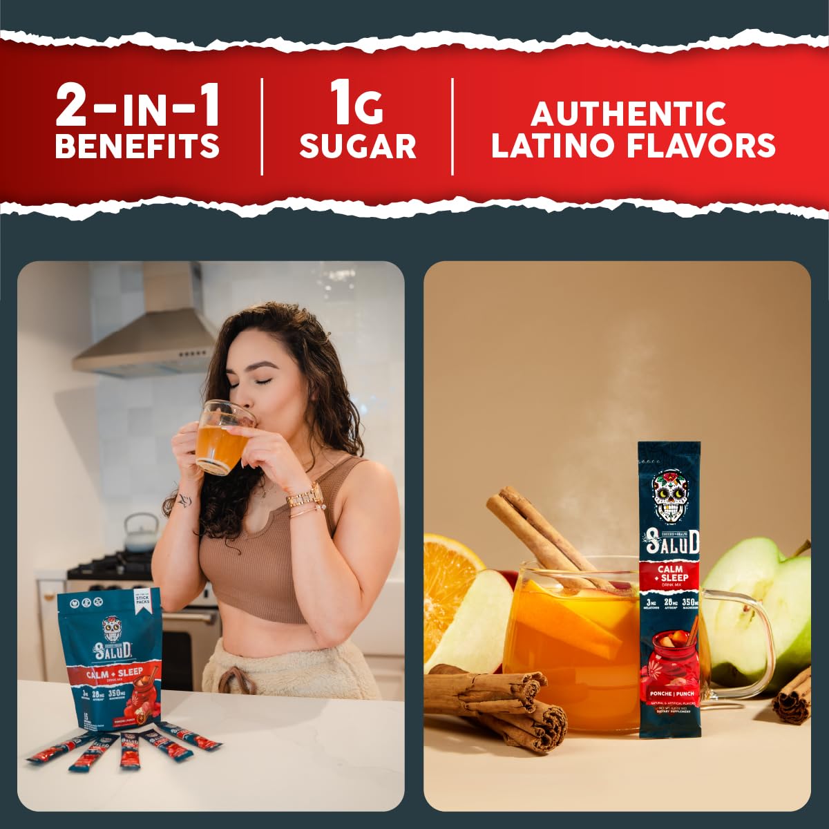 Taste Salud sobre abierto con polvo, mostrando textura y mezcla rápida