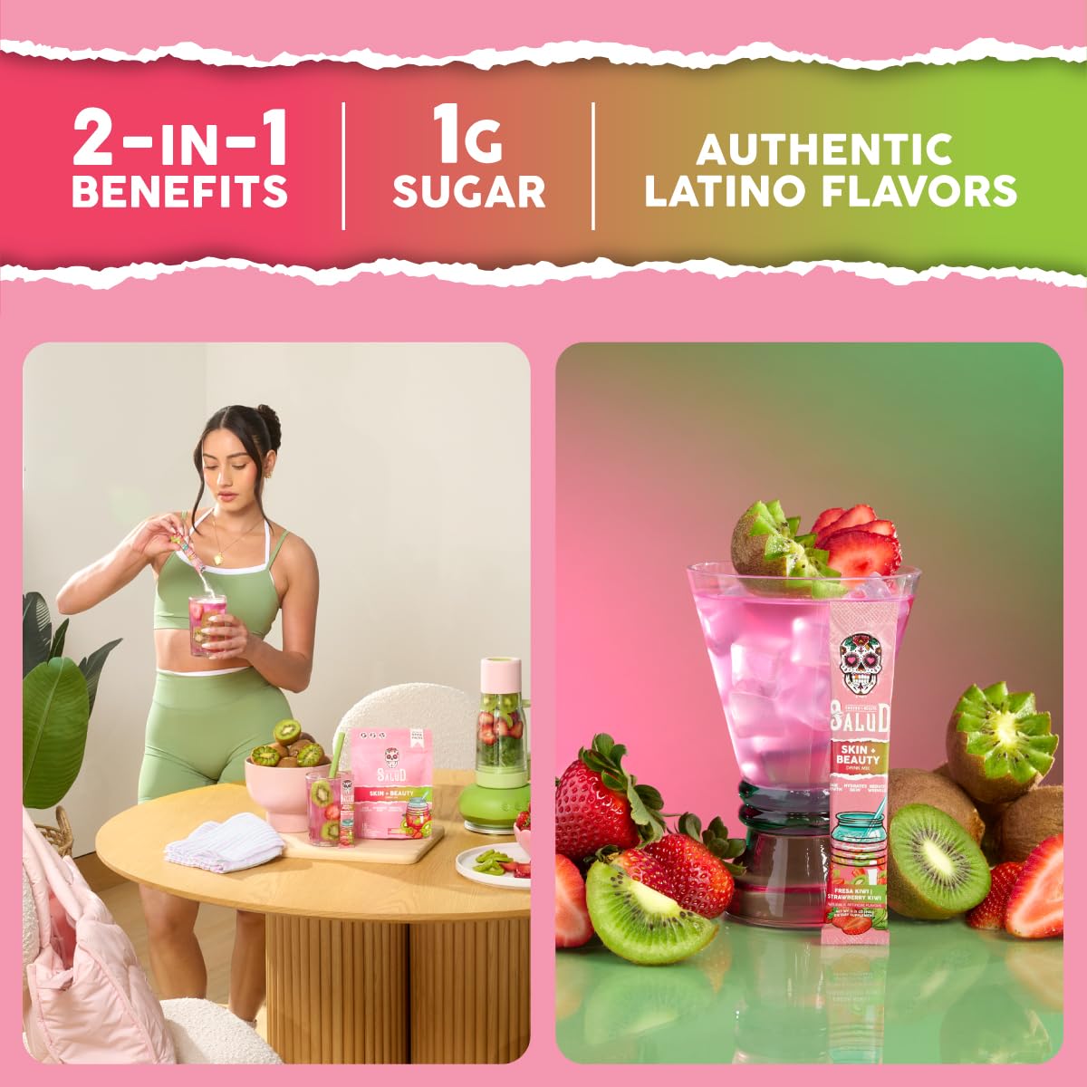 Taste Salud sobre abierto mostrando polvo fino y mezcla fácil de disolver
