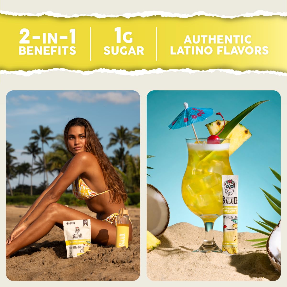 Taste Salud polvo piña colada en primer plano, textura fina y sin grumos
