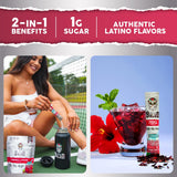 Taste Salud sobre abierto detalle del polvo hibisco y mezcla de ingredientes