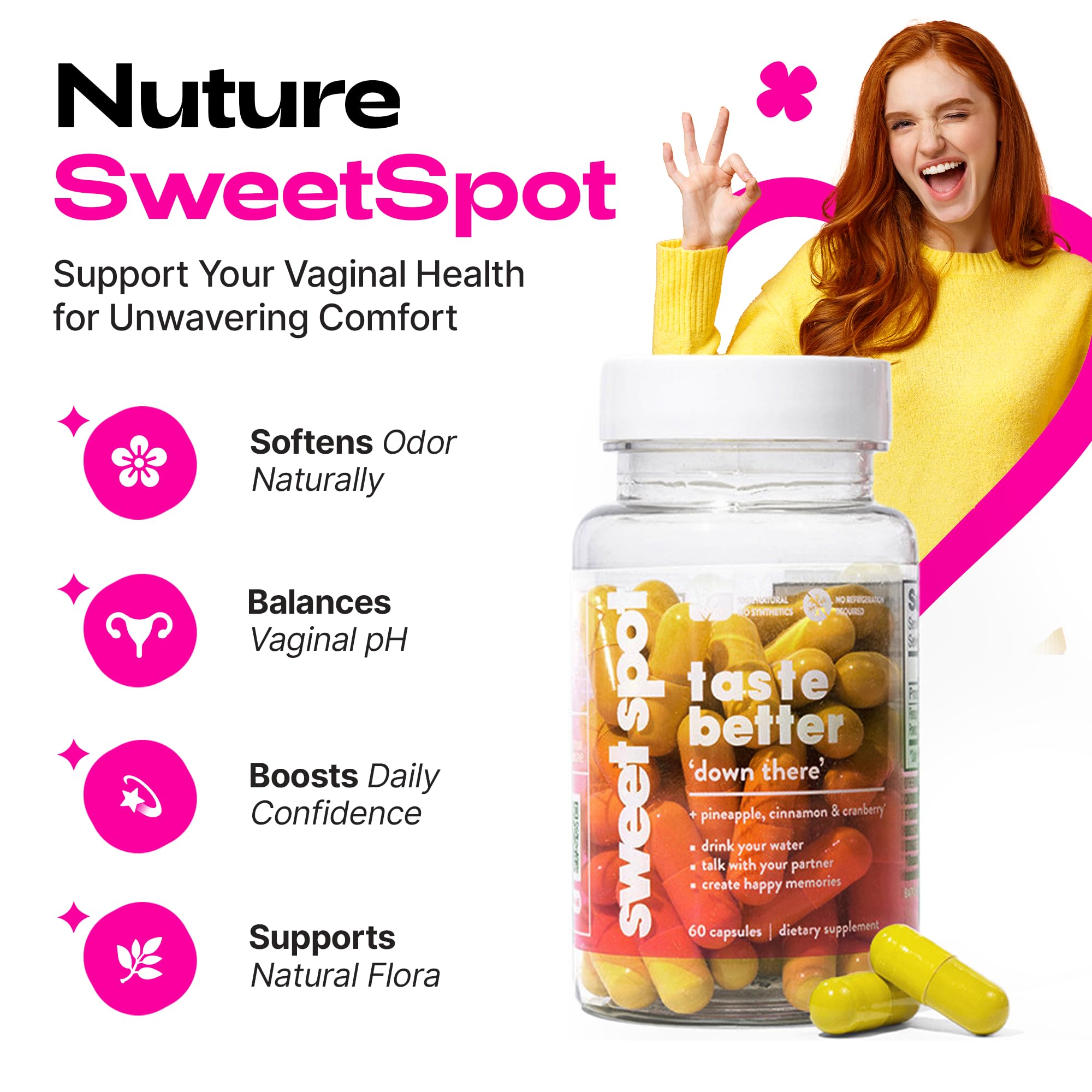 TASTE THE SWEET SPOT cápsula vegetal en primer plano destacando pureza y absorción