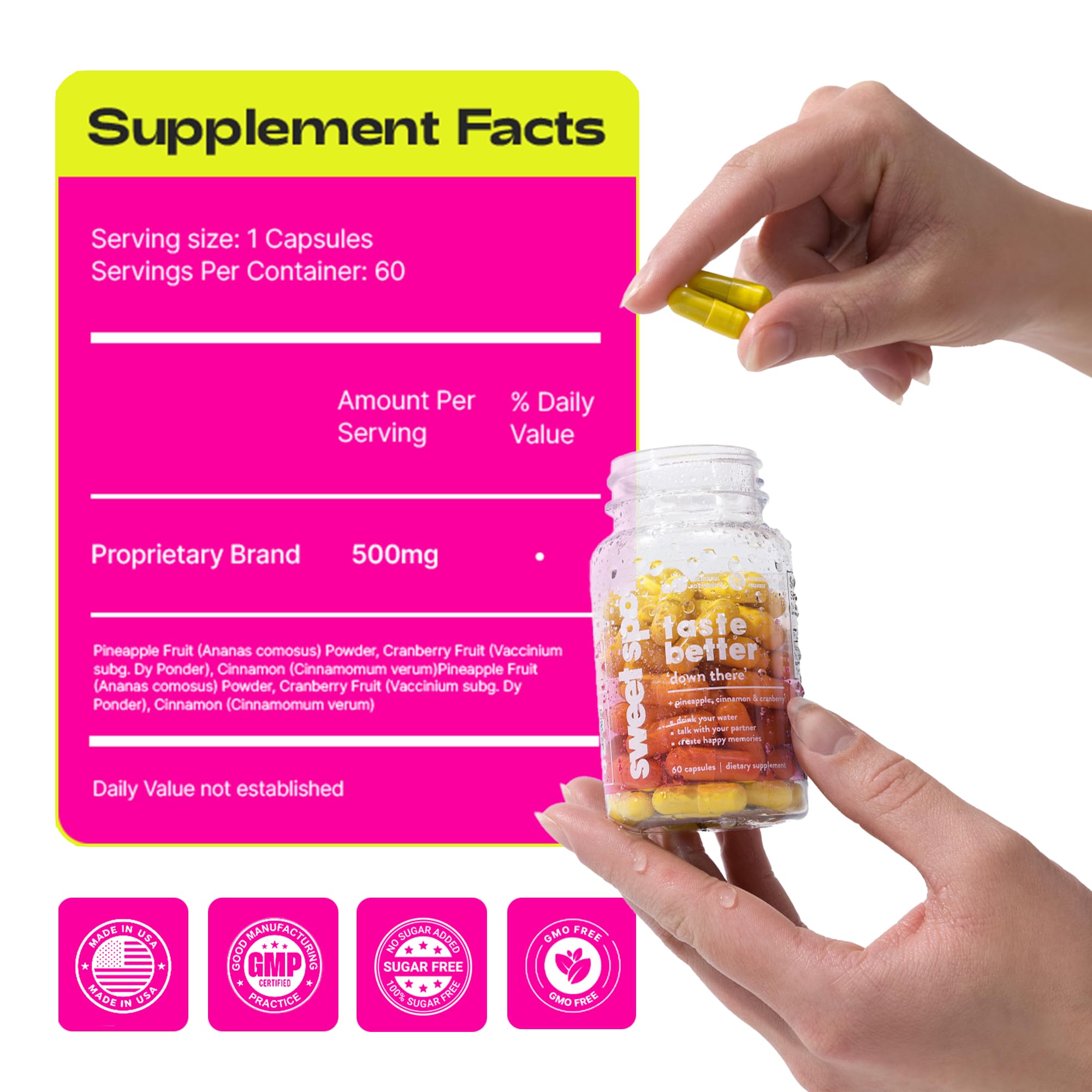 TASTE THE SWEET SPOT cápsulas en mano para comparar tamaño y dosificación fácil
