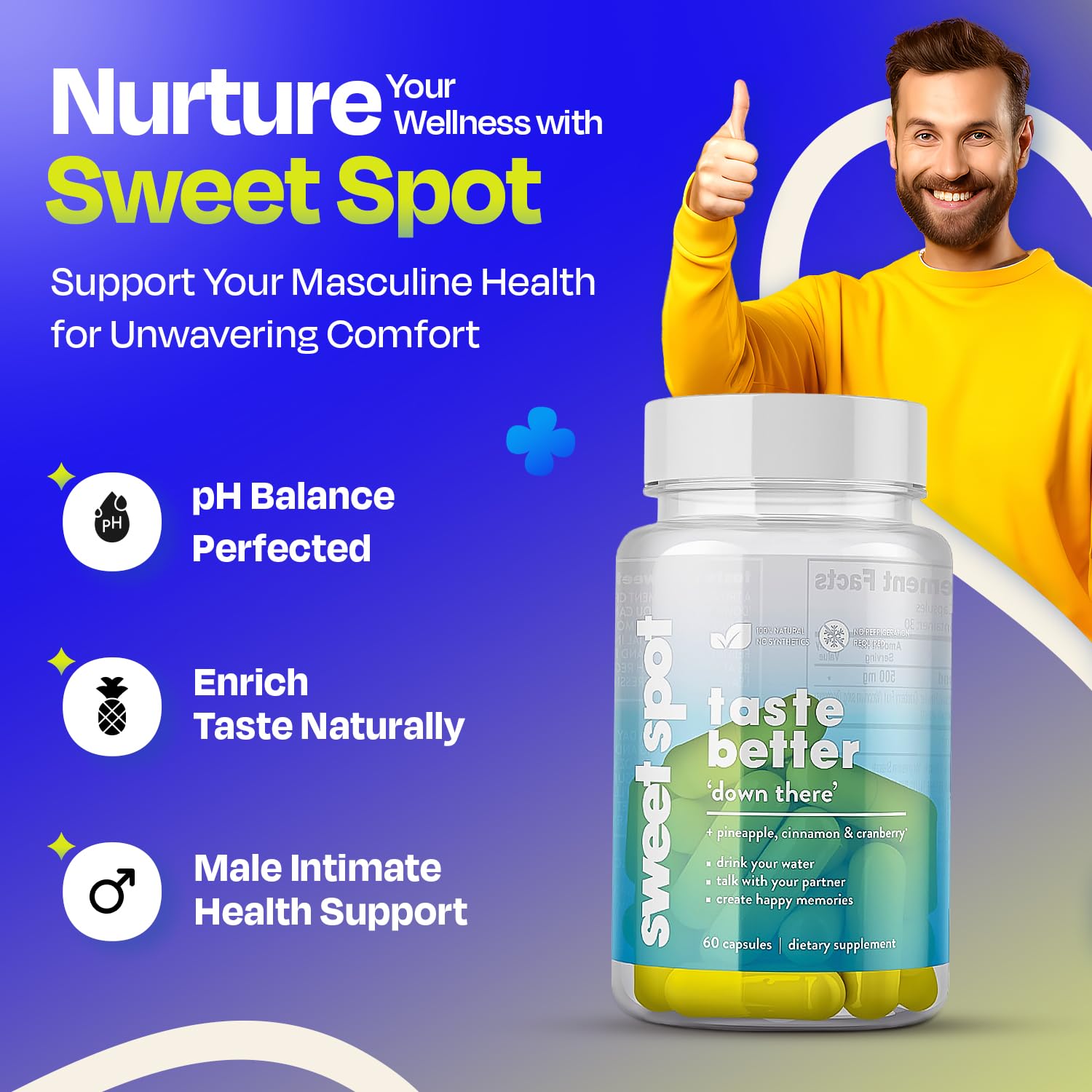 TASTE THE SWEET SPOT etiqueta en primer plano con ingredientes y dosificación visible