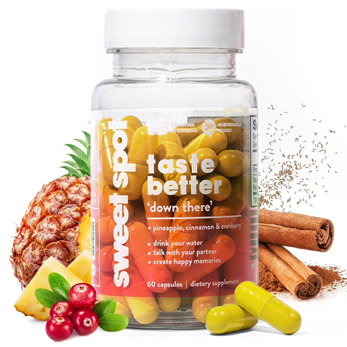 TASTE THE SWEET SPOT frasco frontal mostrando etiqueta clara y beneficio frescura