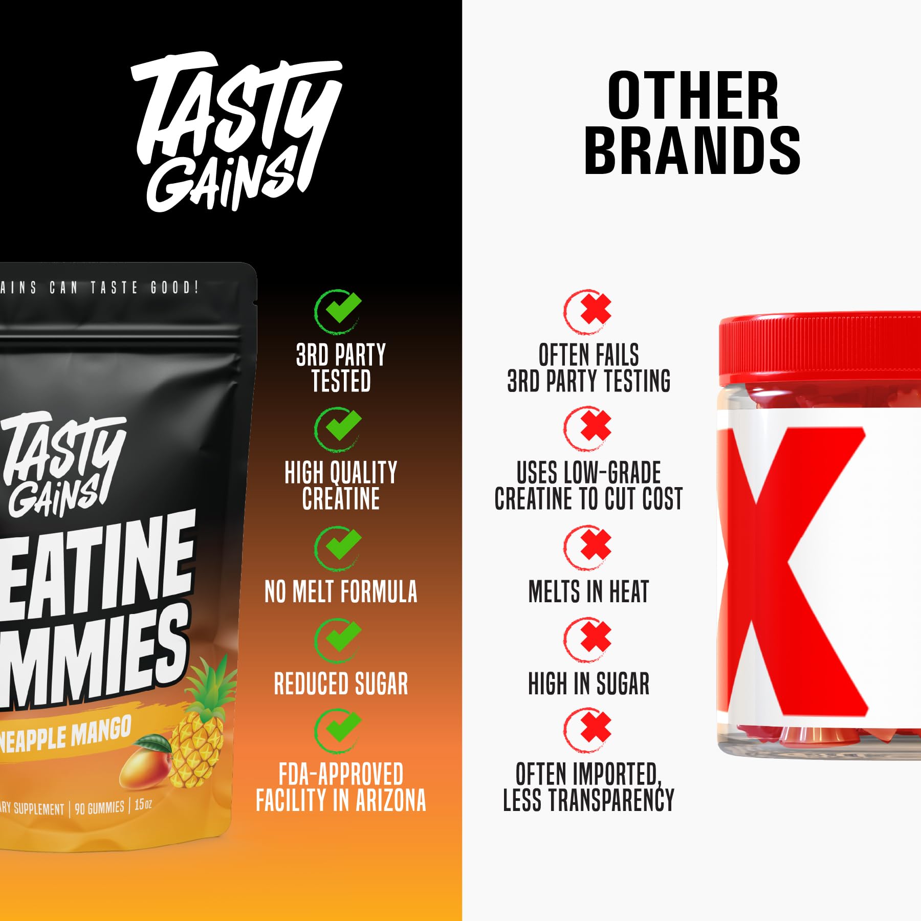 TASTY GAINS gominola junto a una moneda para comparar tamaño y dosificación
