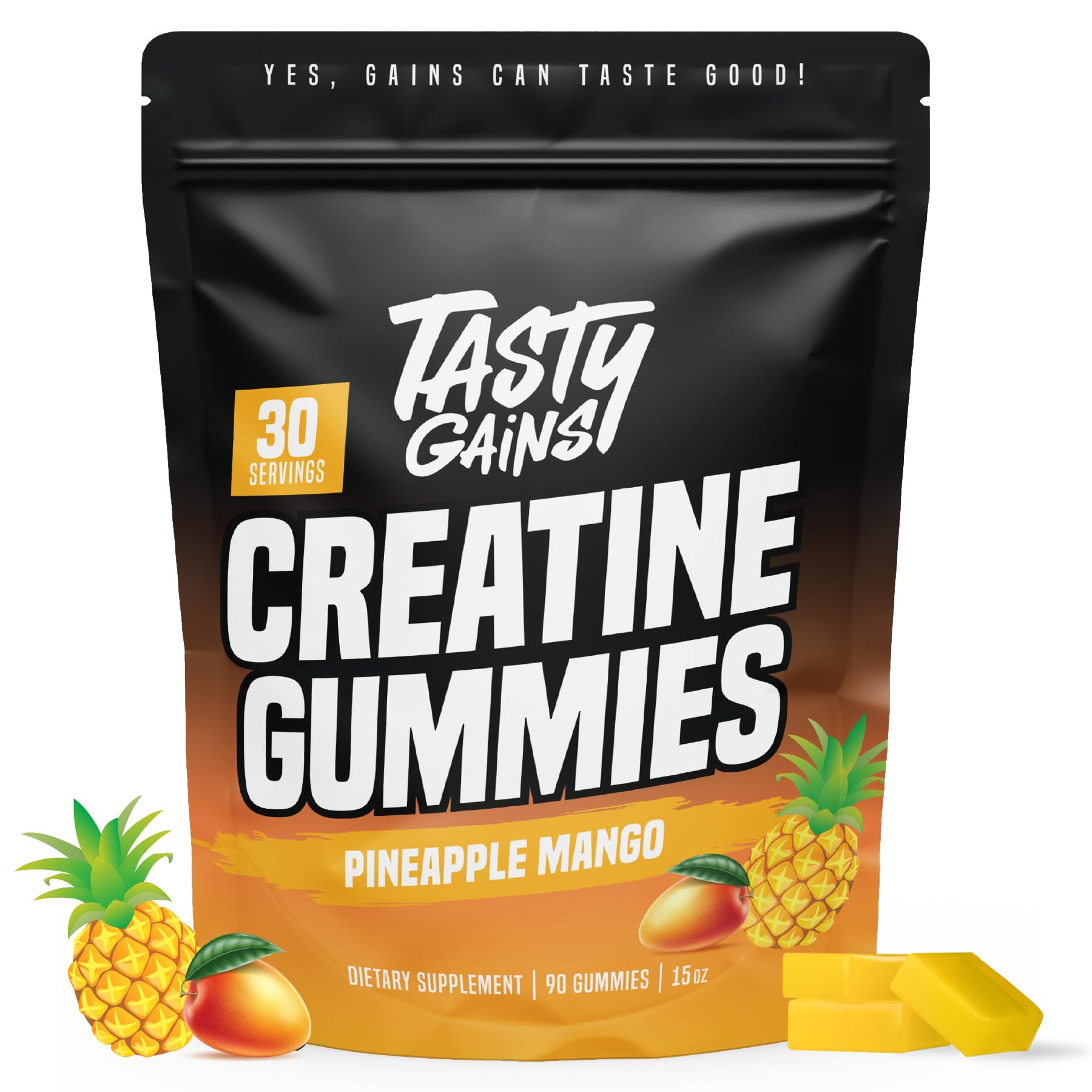 TASTY GAINS envase frontal mostrando tamaño y sabor piña mango, fácil transporte