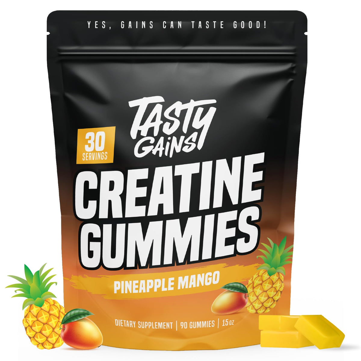 TASTY GAINS envase frontal mostrando tamaño y sabor piña mango, fácil transporte
