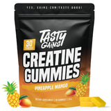 TASTY GAINS envase frontal mostrando tamaño y sabor piña mango, fácil transporte