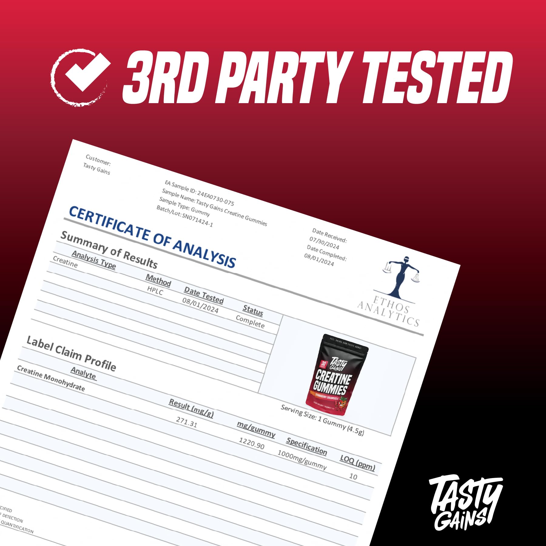 TASTY GAINS envase abierto con gominolas listo para consumo