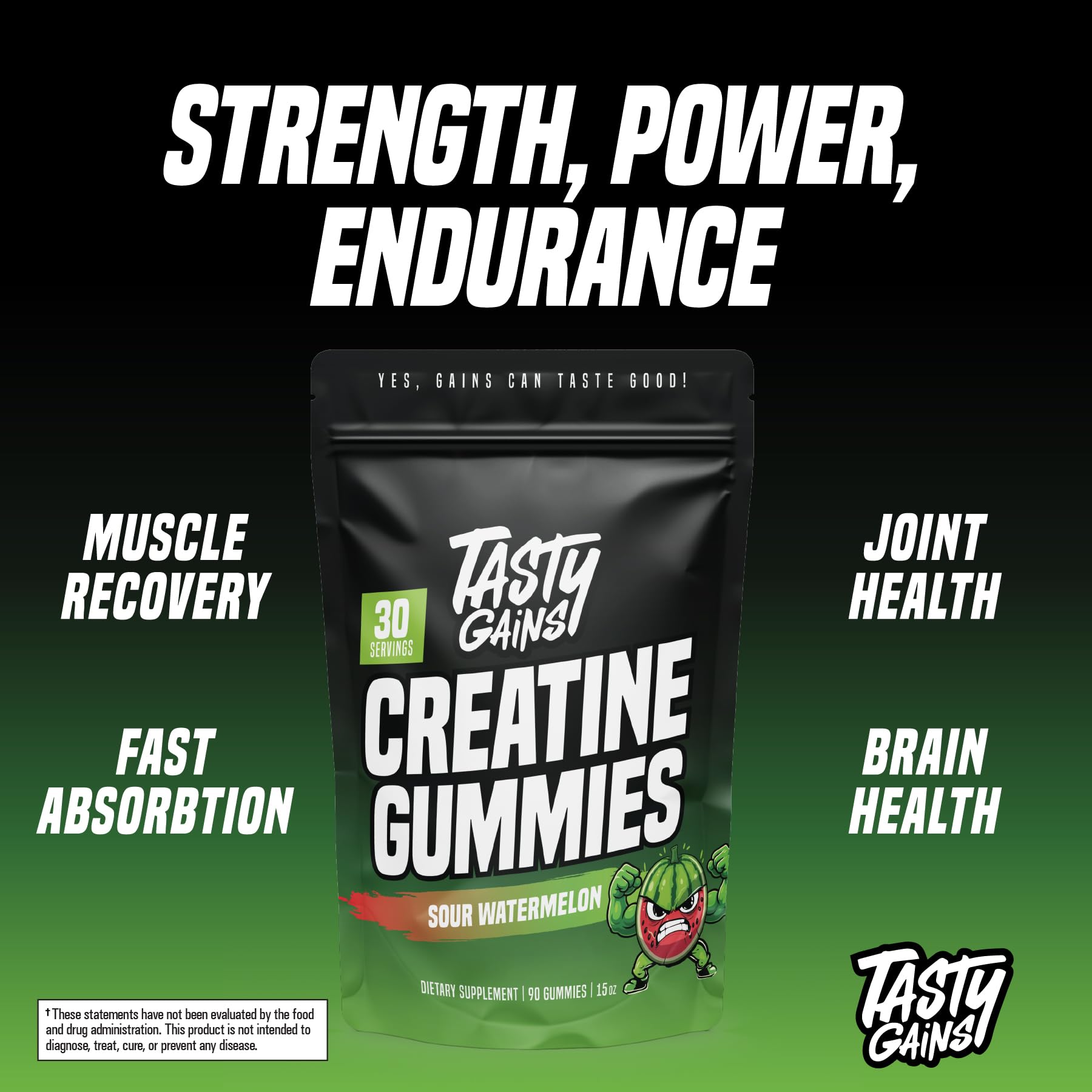 TASTY GAINS comparación de tamaño en la mano para escala, dosificación clara