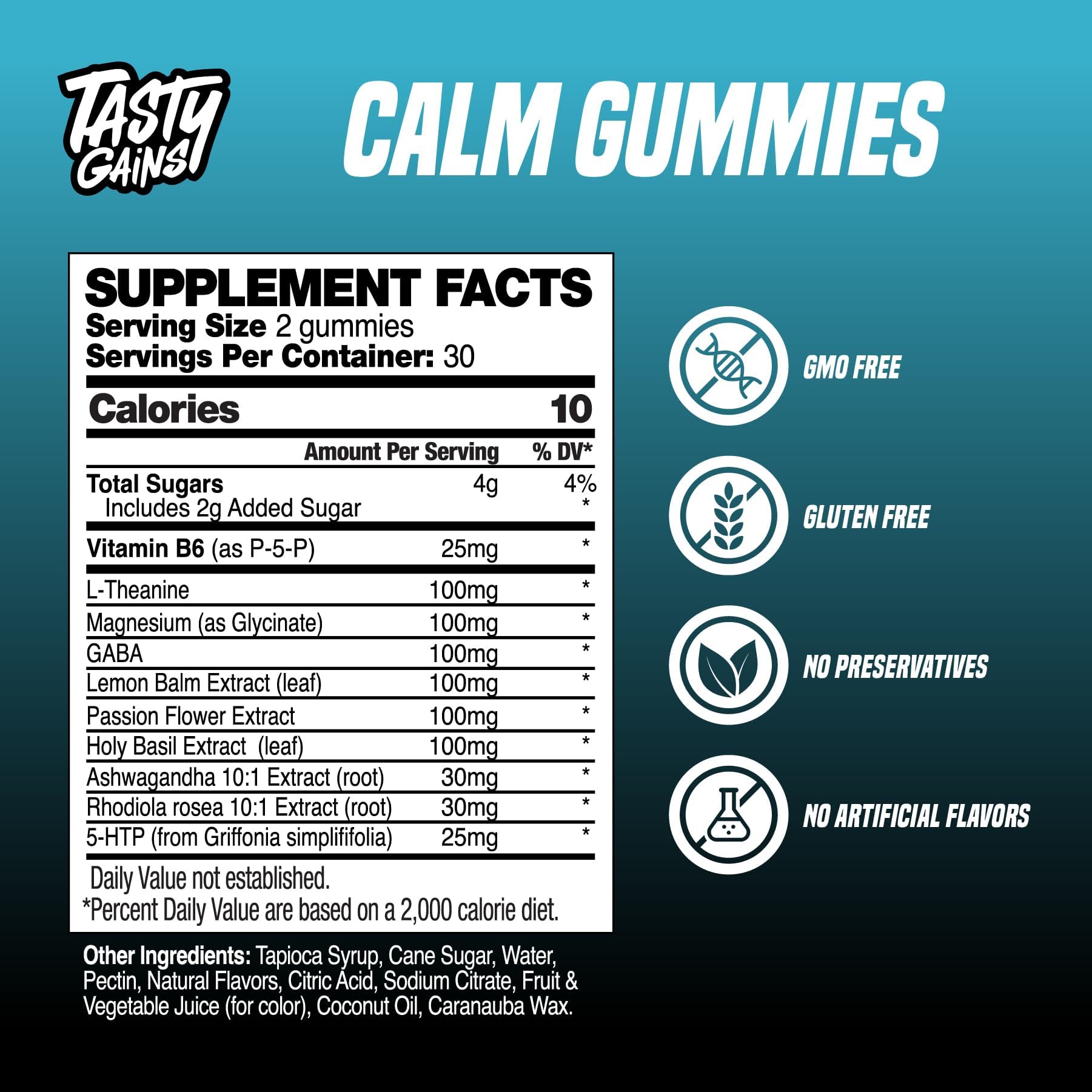 TASTY GAINS etiqueta de ingredientes destacando fórmula limpia y componentes