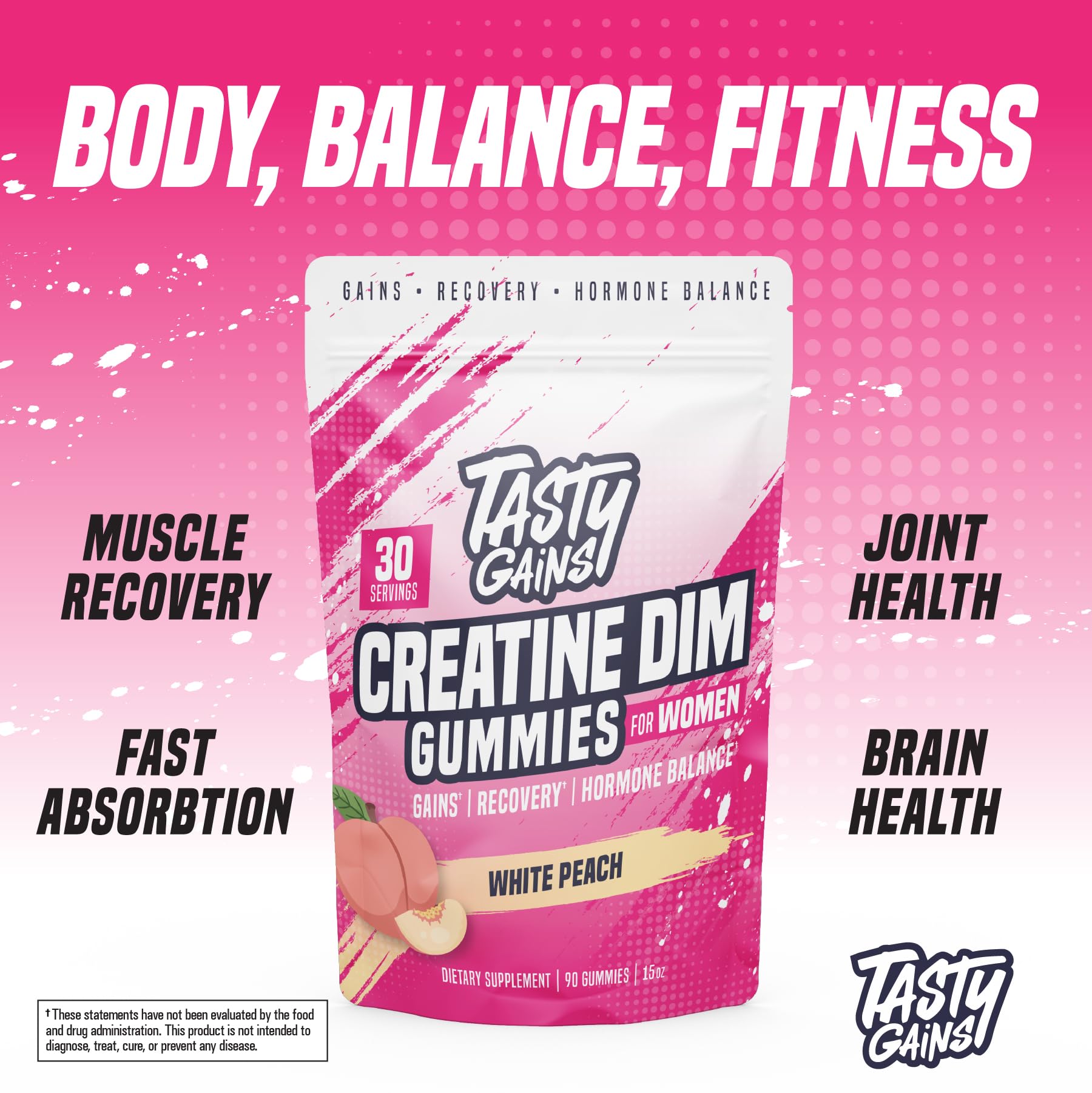 TASTY GAINS etiqueta nutricional visible con información de creatina y DIM