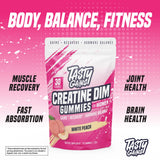 TASTY GAINS etiqueta nutricional visible con información de creatina y DIM