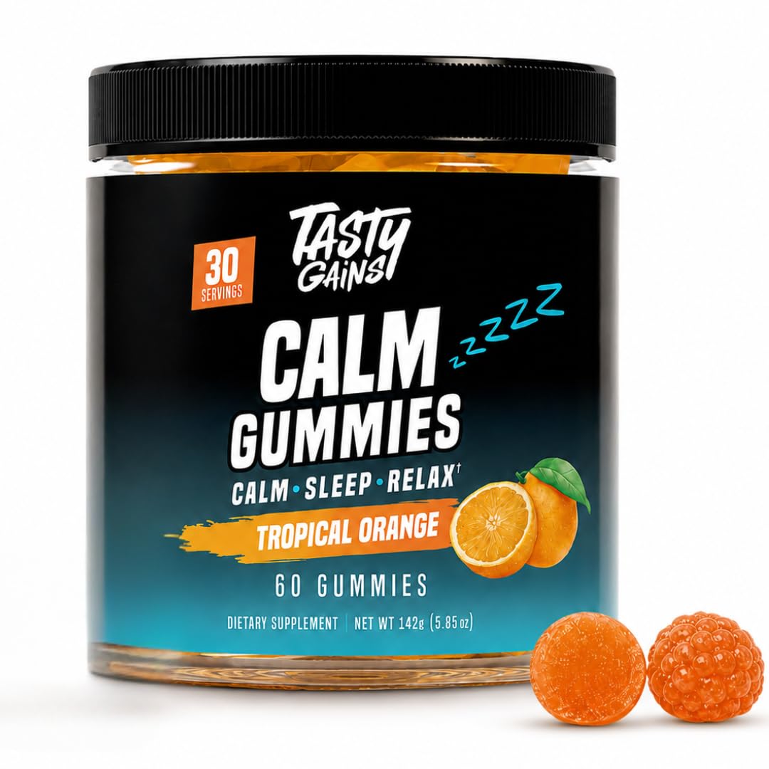 TASTY GAINS frasco delante mostrando 60 gominolas y beneficio de conveniencia
