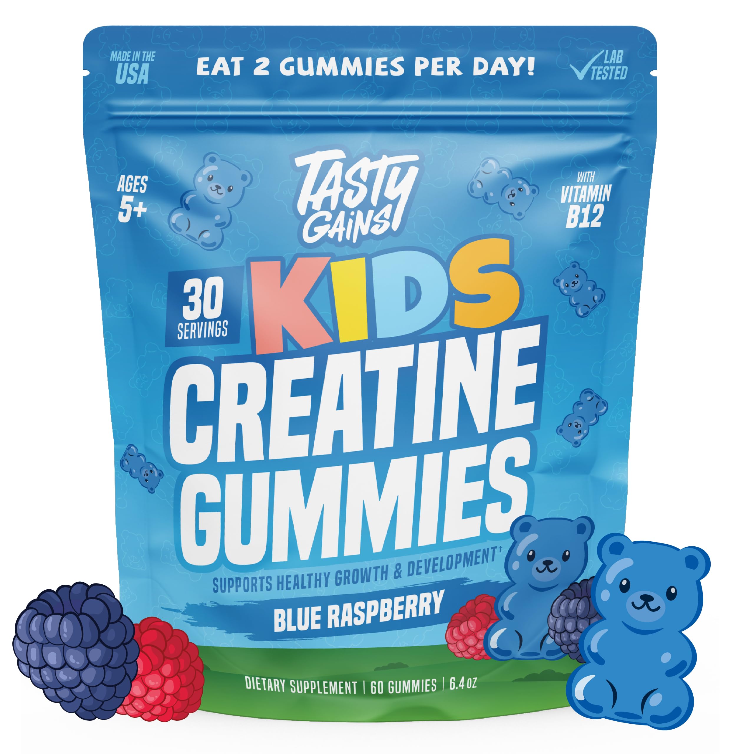 TASTY GAINS frasco frontal mostrando 60 gominolas y diseño colorido