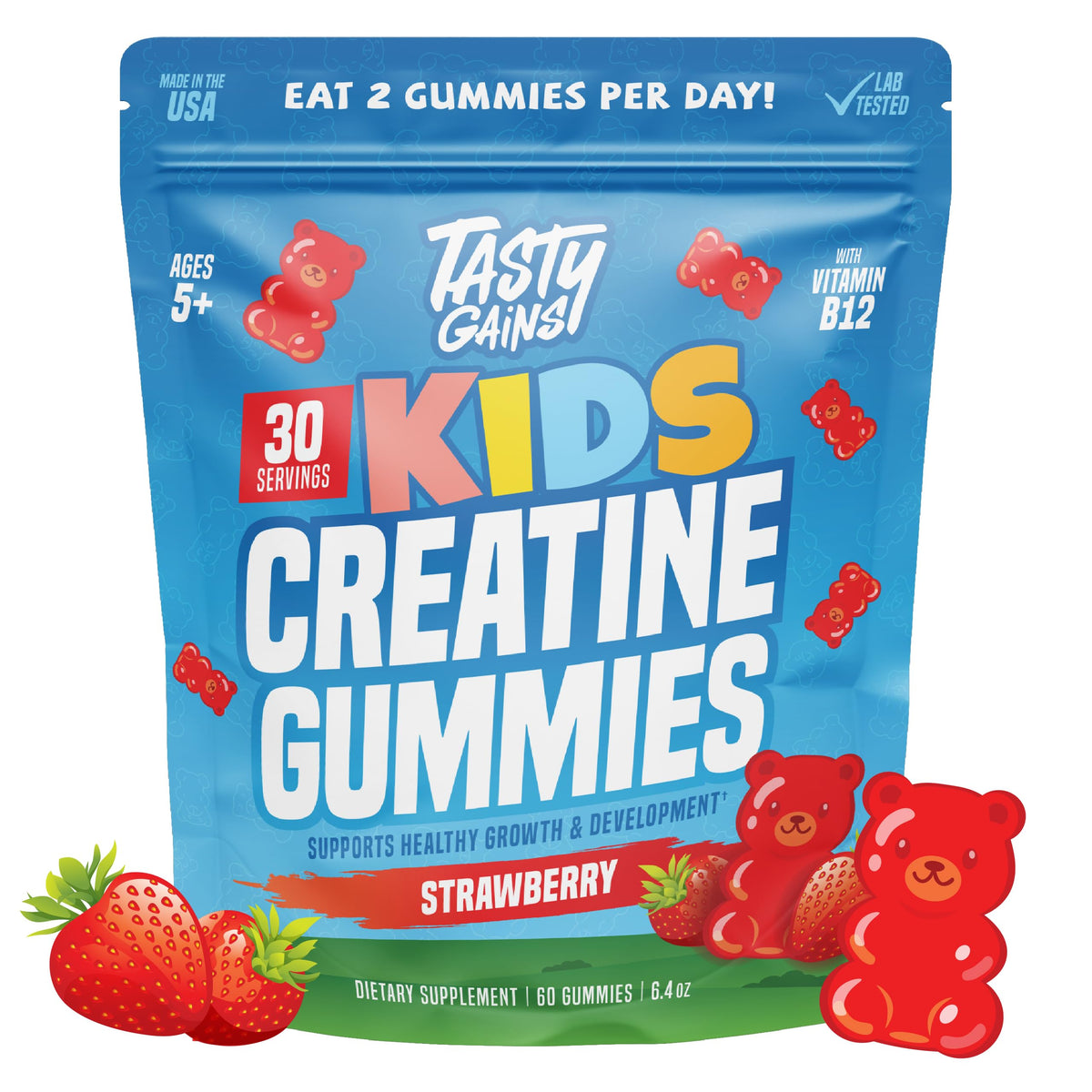 TASTY GAINS frente del envase mostrando diseño y conteo de 60 unidades