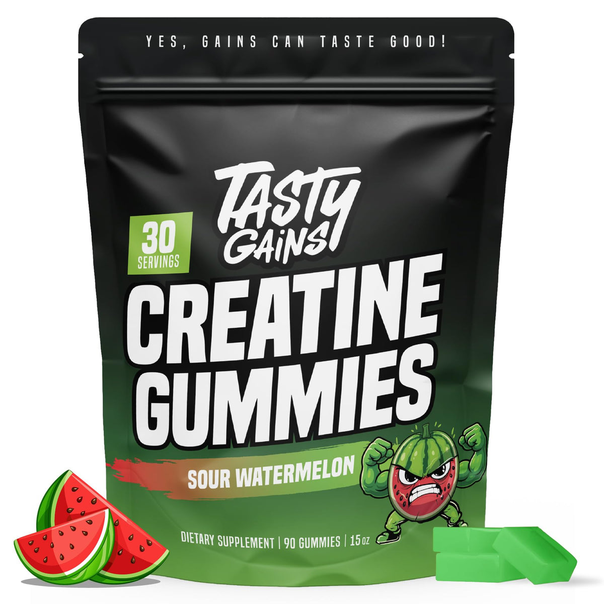 TASTY GAINS frontal del envase mostrando marca y sabor, conveniencia inmediata