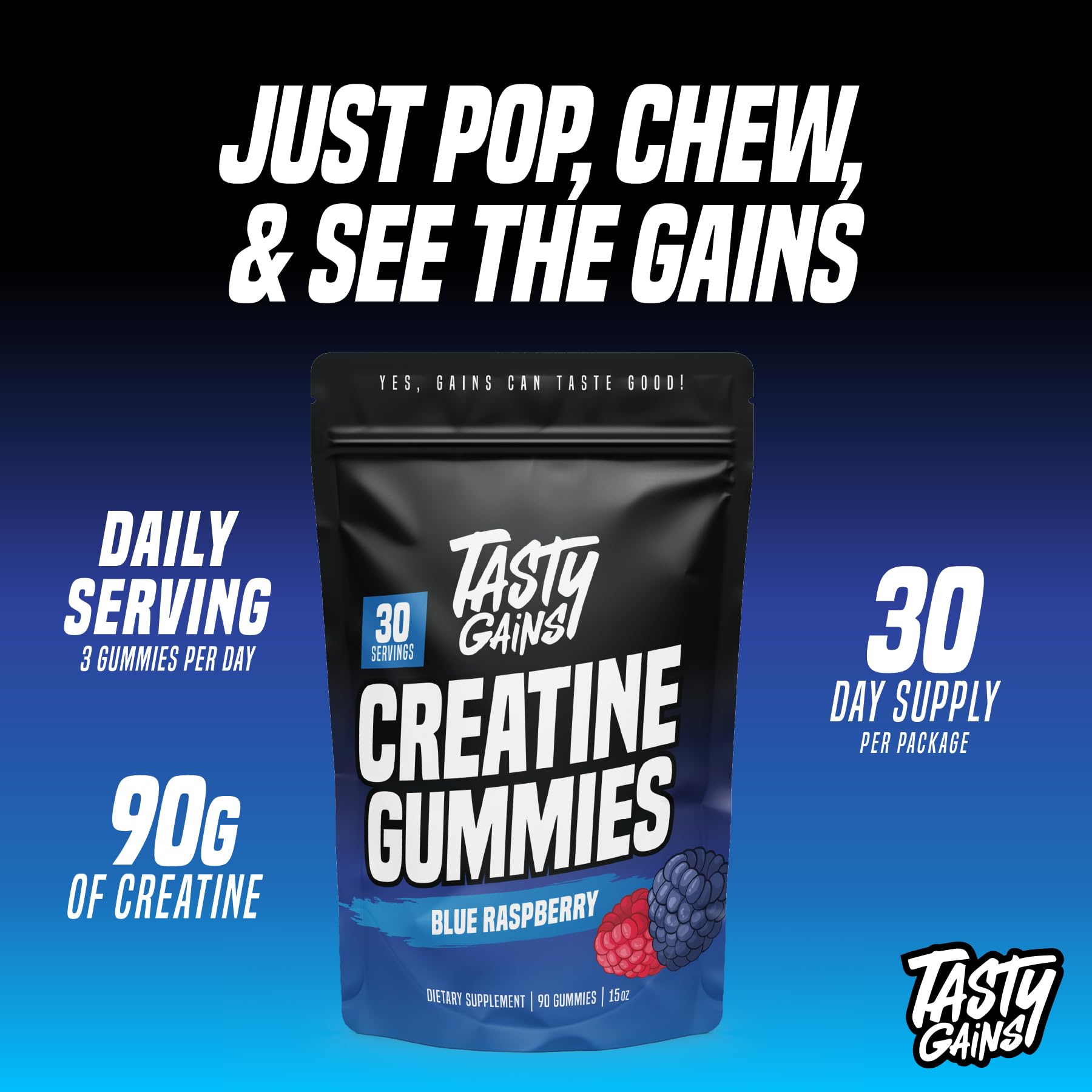 TASTY GAINS gominolas apiladas que muestran color blue raspberry y atractivo visual