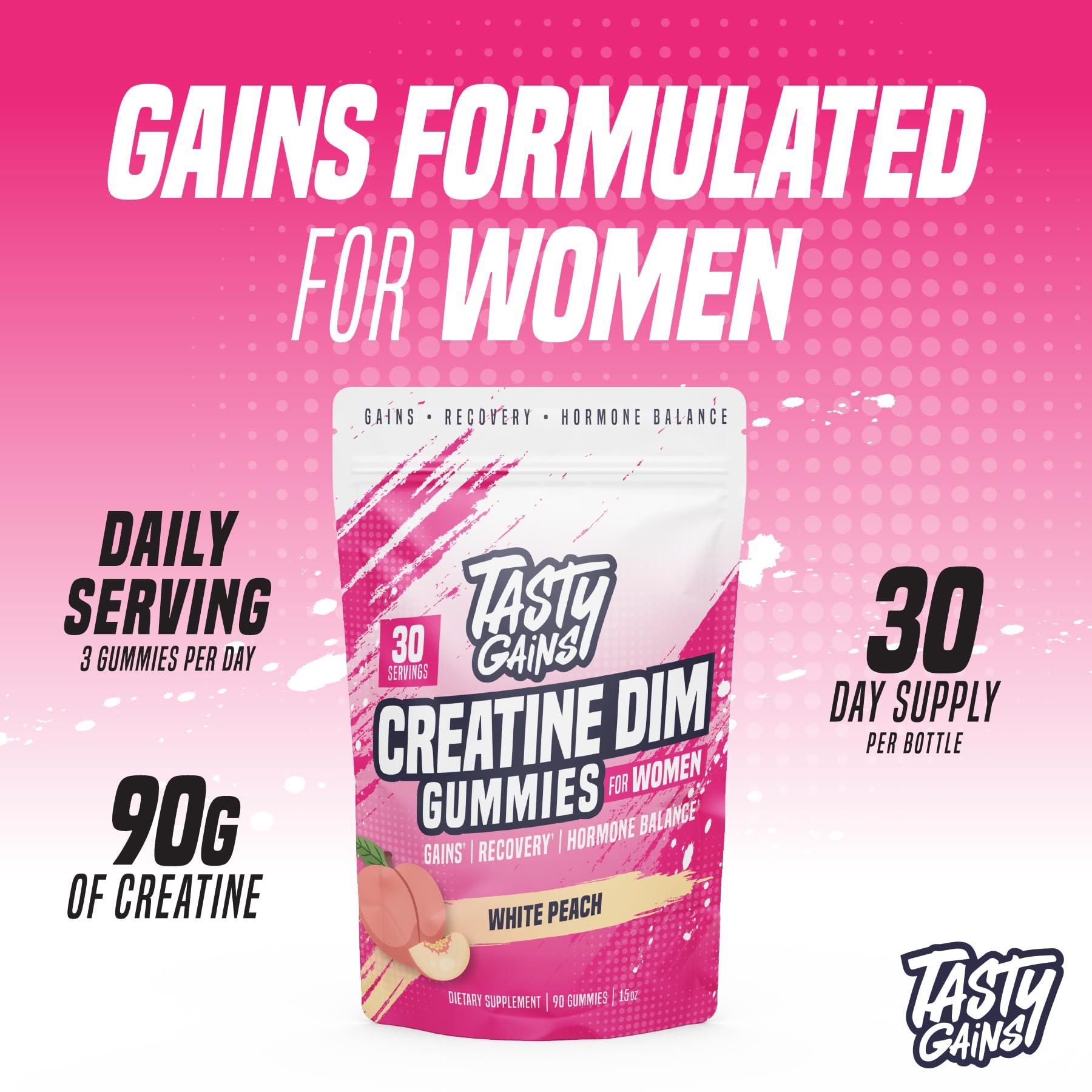 TASTY GAINS varias gomitas dispuestas que indican conveniencia vegana