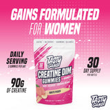 TASTY GAINS varias gomitas dispuestas que indican conveniencia vegana