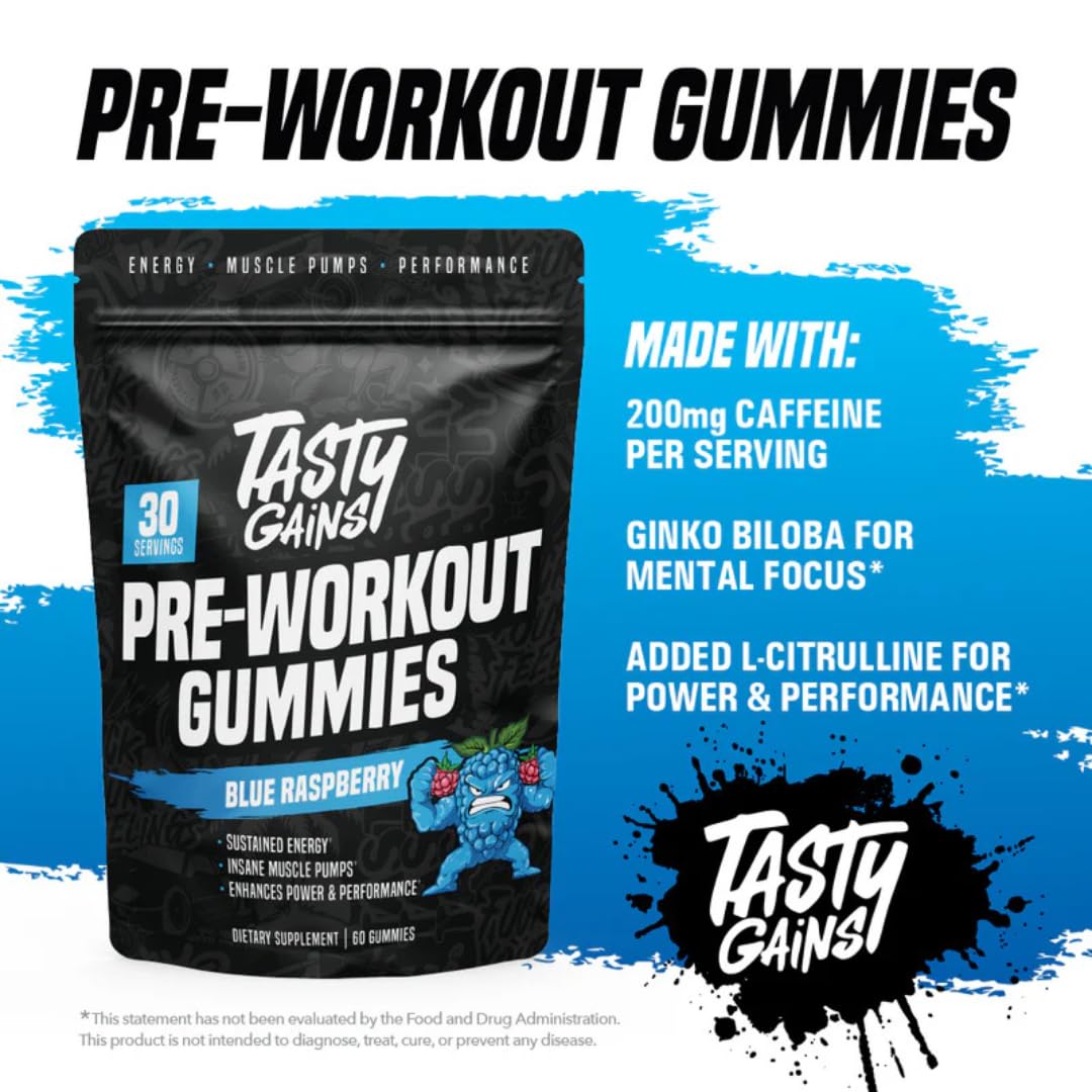 TASTY GAINS gomitas en mano listas para tomar antes de entrenar