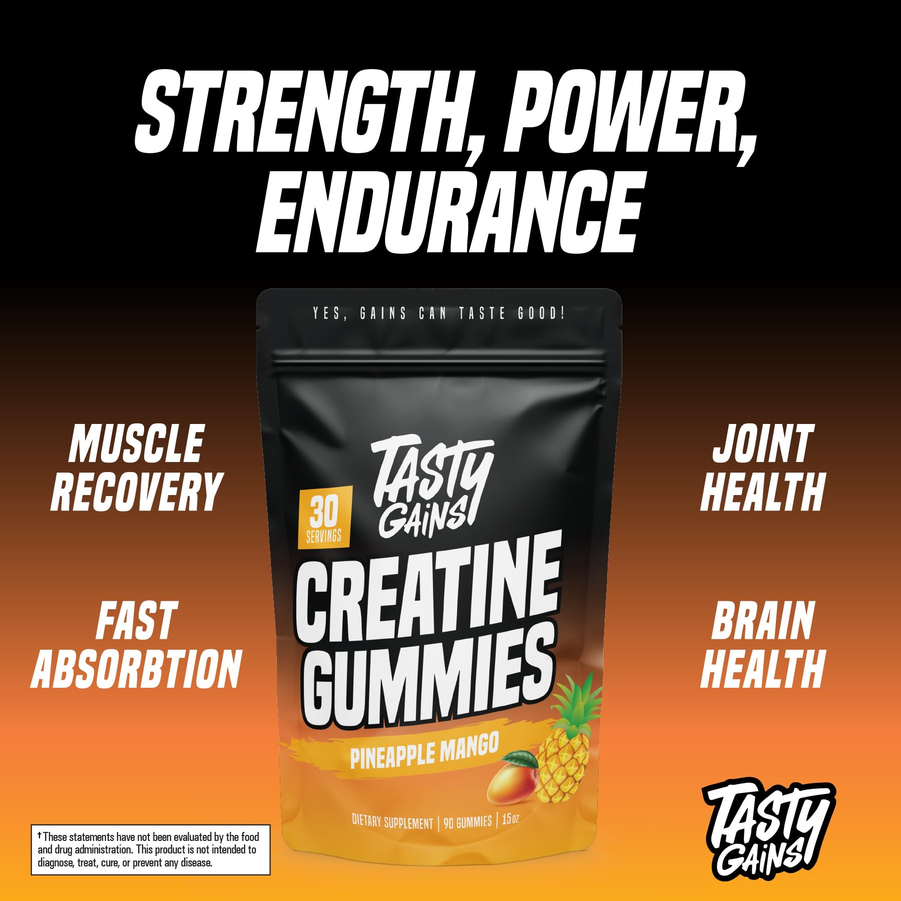 TASTY GAINS ingredientes listados destacando creatina monohidrato y origen USA