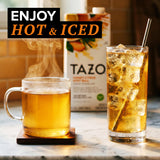 TAZO taza humeante con té preparado, calidez y aroma reconfortante