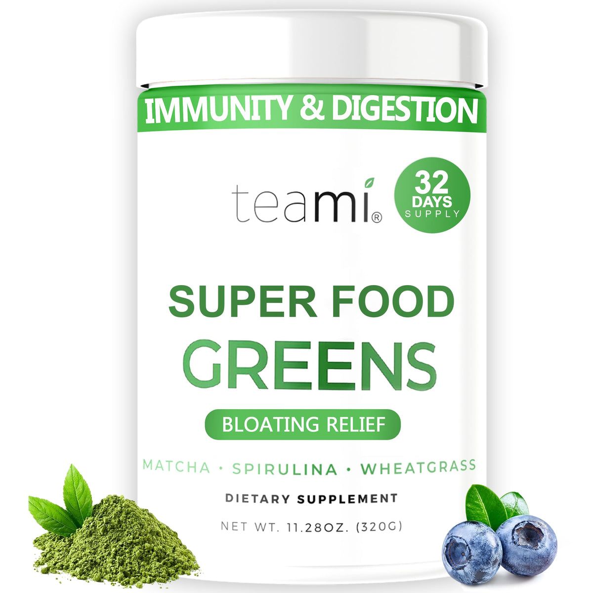Teami envase frontal Super Greens mostrando diseño y facilidad de uso