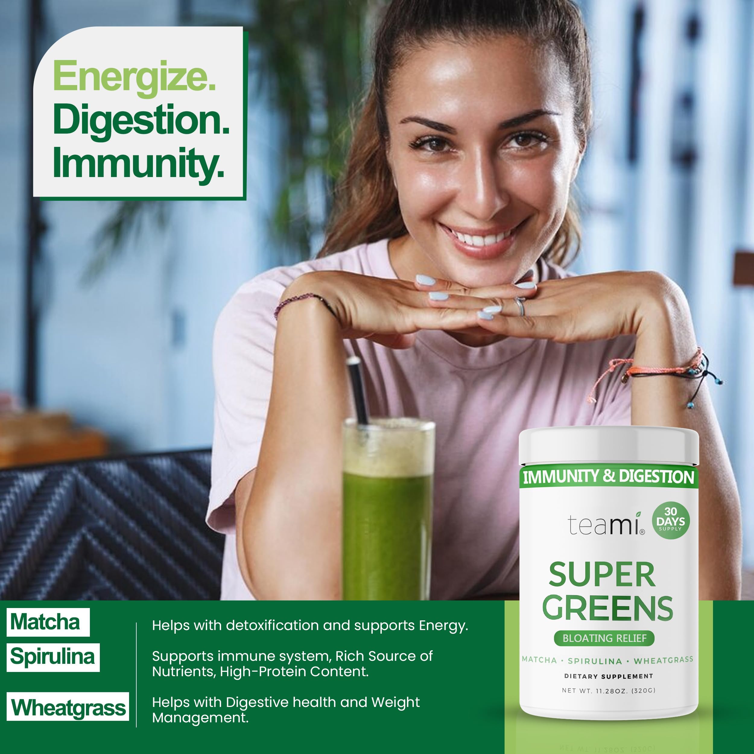 Teami ingredientes clave como spirulina, chlorella, kale y acai saludables