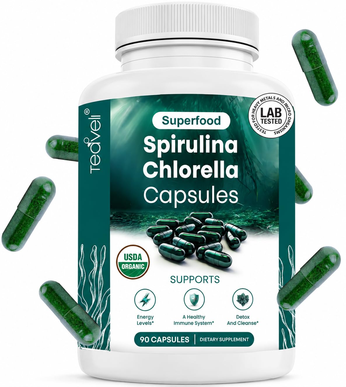 Teaveli frasco frontal de Spirulina y Chlorella, fórmula vegana y concentrada
