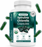 Teaveli frasco frontal de Spirulina y Chlorella, fórmula vegana y concentrada