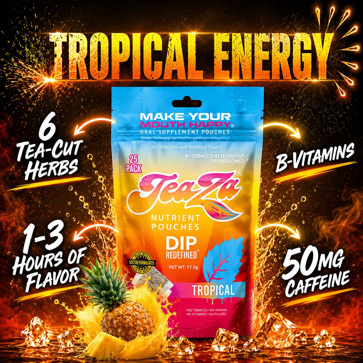 TeaZa pouch en uso entre labio y encía, opción discreta y sin humo