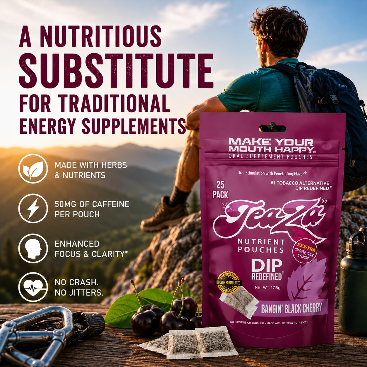 TeaZa etiqueta de ingredientes destacando ingredientes energéticos naturales